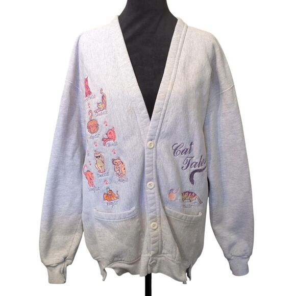 Bwear Sweaters - VTG B-Wear Cat Tales Embroidered Cardigan Sweatshirt XL Gray USA Cottagecore
